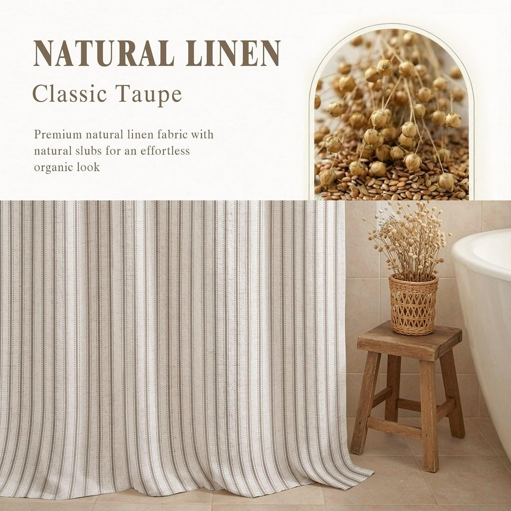Farmhouse Striped Shower Curtain Taupe Vintage Linen Curtain 72"W X 72"L | Striped Shower Curtains with Linen Texture