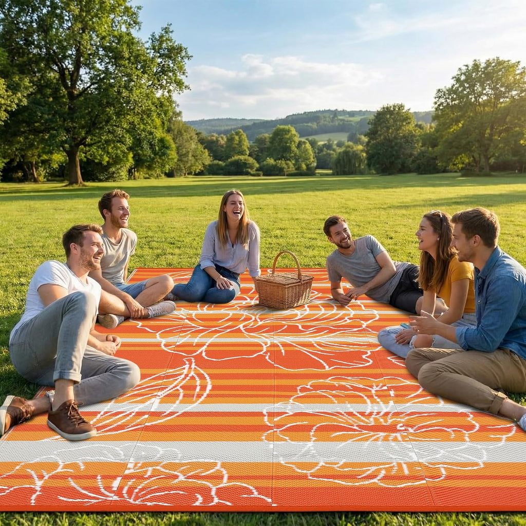 8x10 Outdoor Waterproof Rug, Floral Outdoor Area Rug，Reversible Plastic Straw Patio Rug, Portable Ca