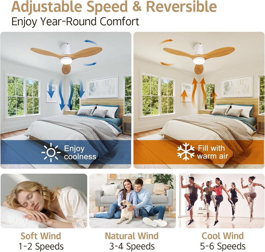 42 Inch Inspired Maverick Style Low Profile Smart Ceiling Hugger Fan with LED Light & Remote - Flush Mount, Solid Wood Blades, 6-Speed - White