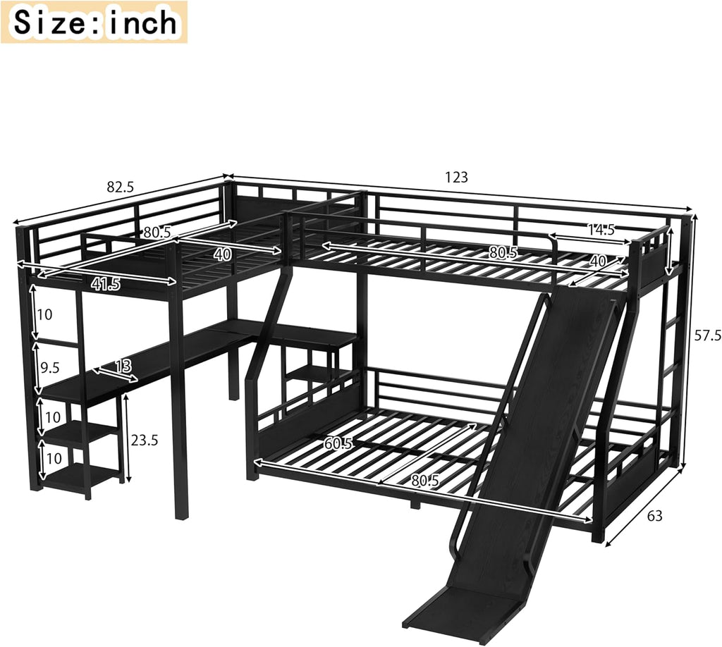 Twin XL Over Queen L Shaped Bunk Bed with Twin Loft Bed, Heavy Duty Metal Triple Bunk Bed with Slide