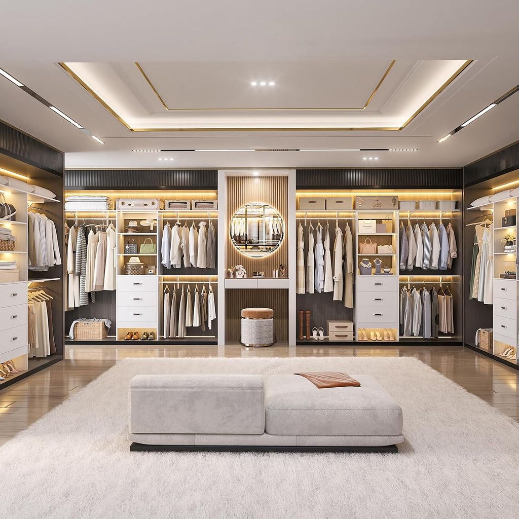 Closet System with Drawer - 8FT Wood Closet Organizer System with 3 Hanging Rods and Shelving Tower, 96" Walk In