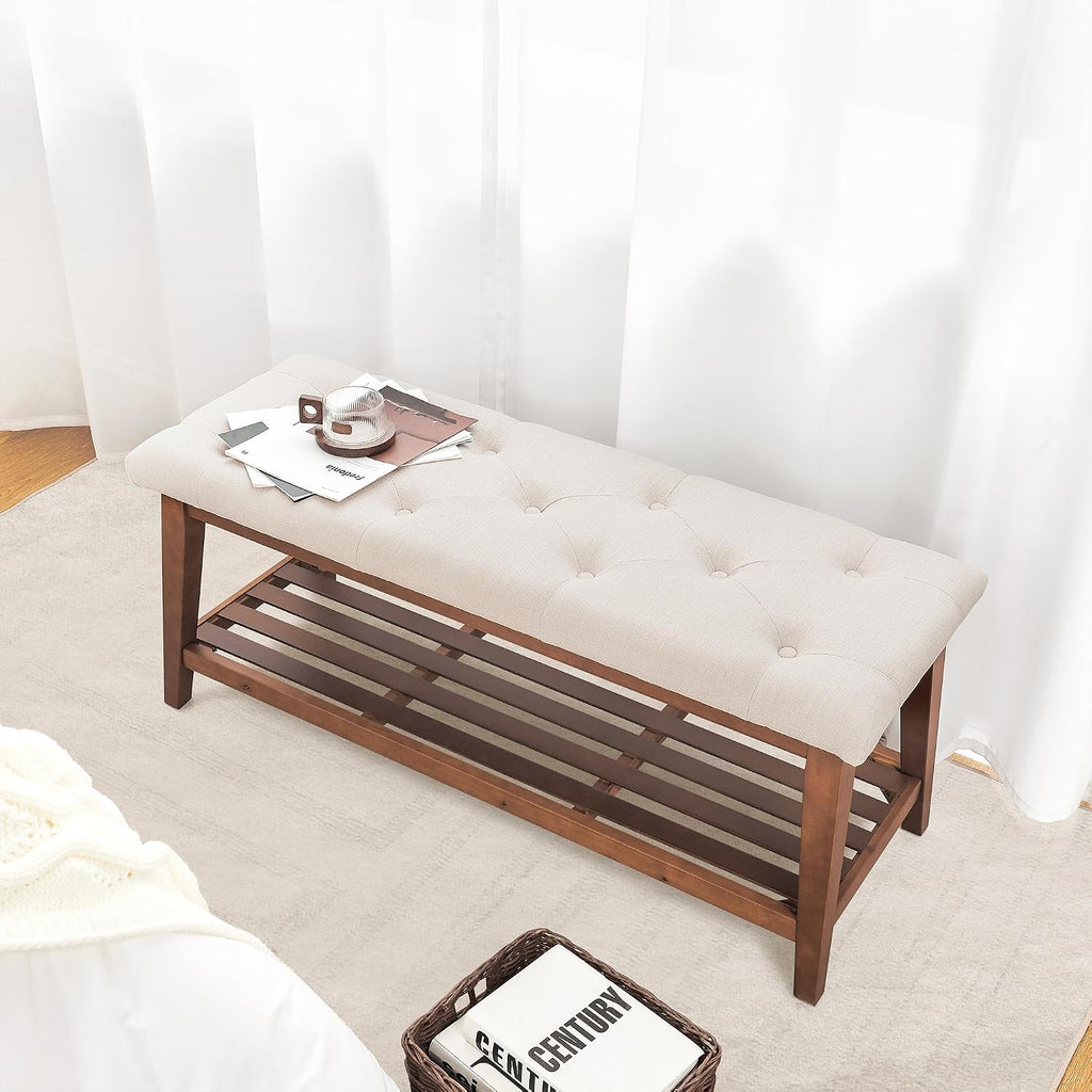 Kinkinmars Entryway Bench with Shoe Rack, 42.5" Bedroom Bench, Beige | 42.5-inch upholstered bench with built-in shoe