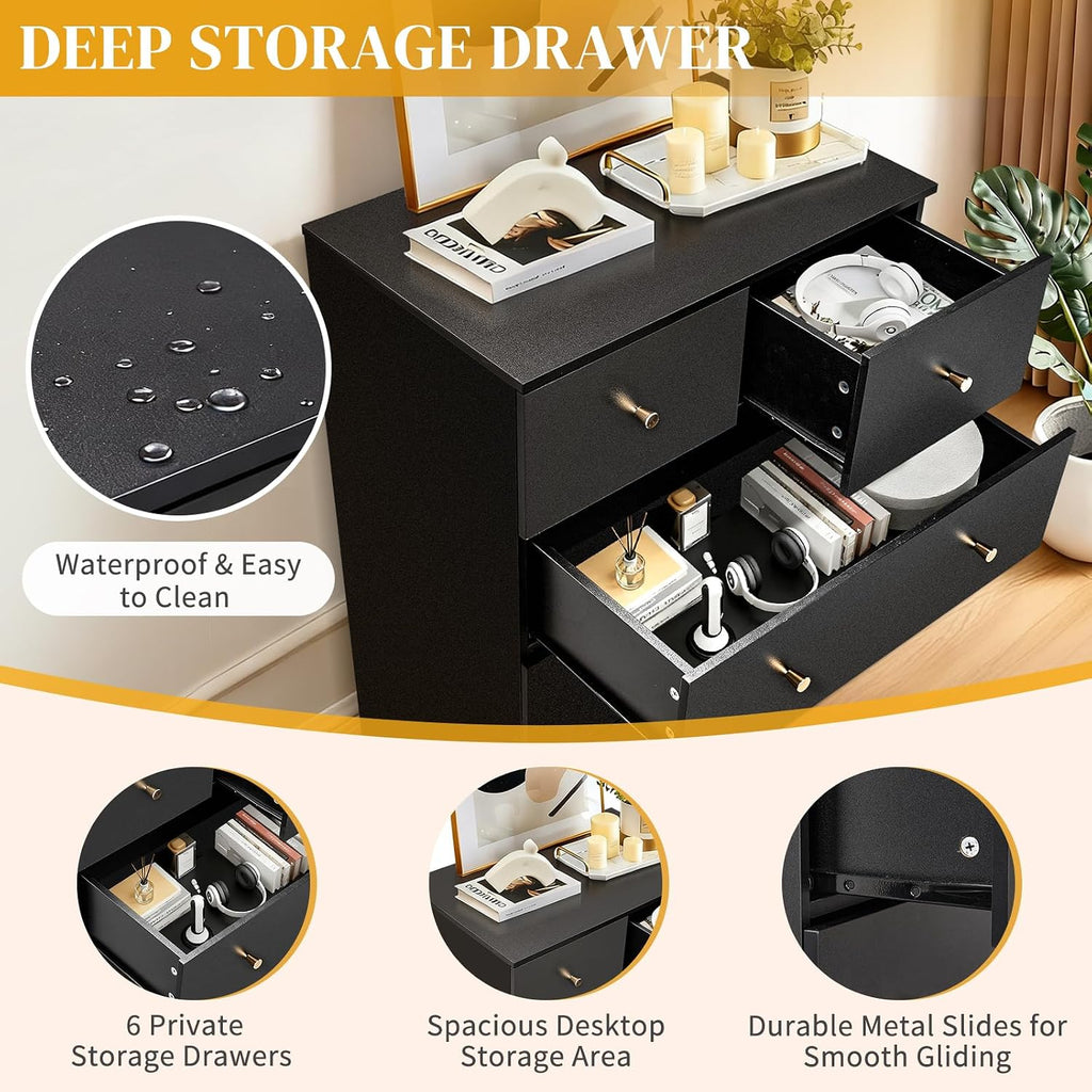 Black 6 Drawer Dresser, Rose Gold Handle Modern Bedroom Chest | Modern Wood Storage Dresser with Anti-Tipping Device