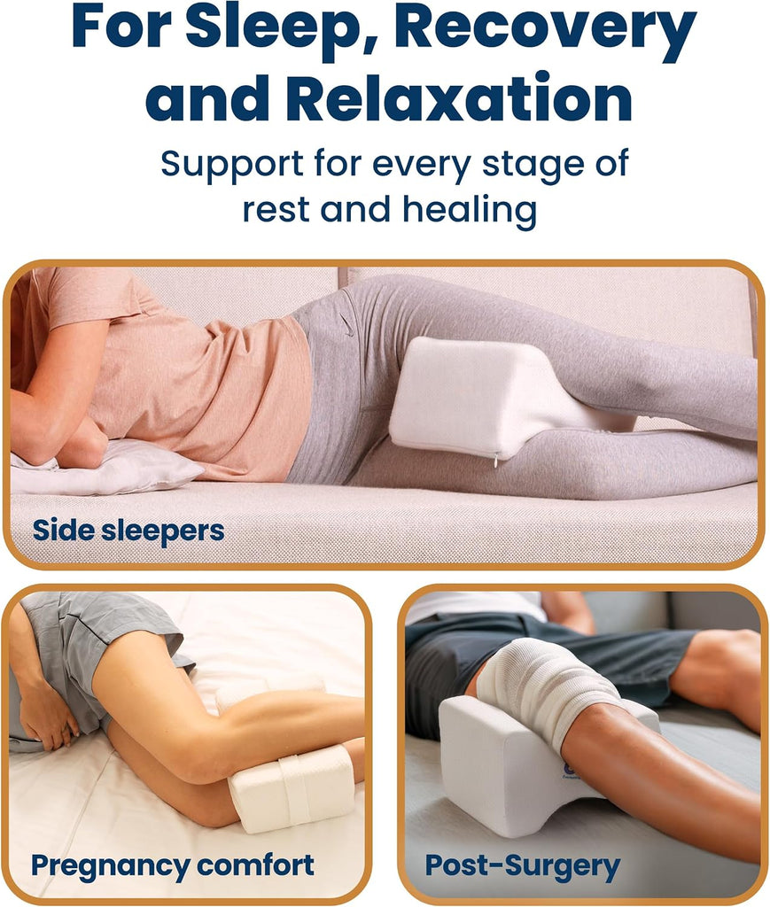 Memory Foam Knee Pillow for Side Sleepers - Sciatica Pain Relief Pillow, Removable Strap Support - Leg Pillows for