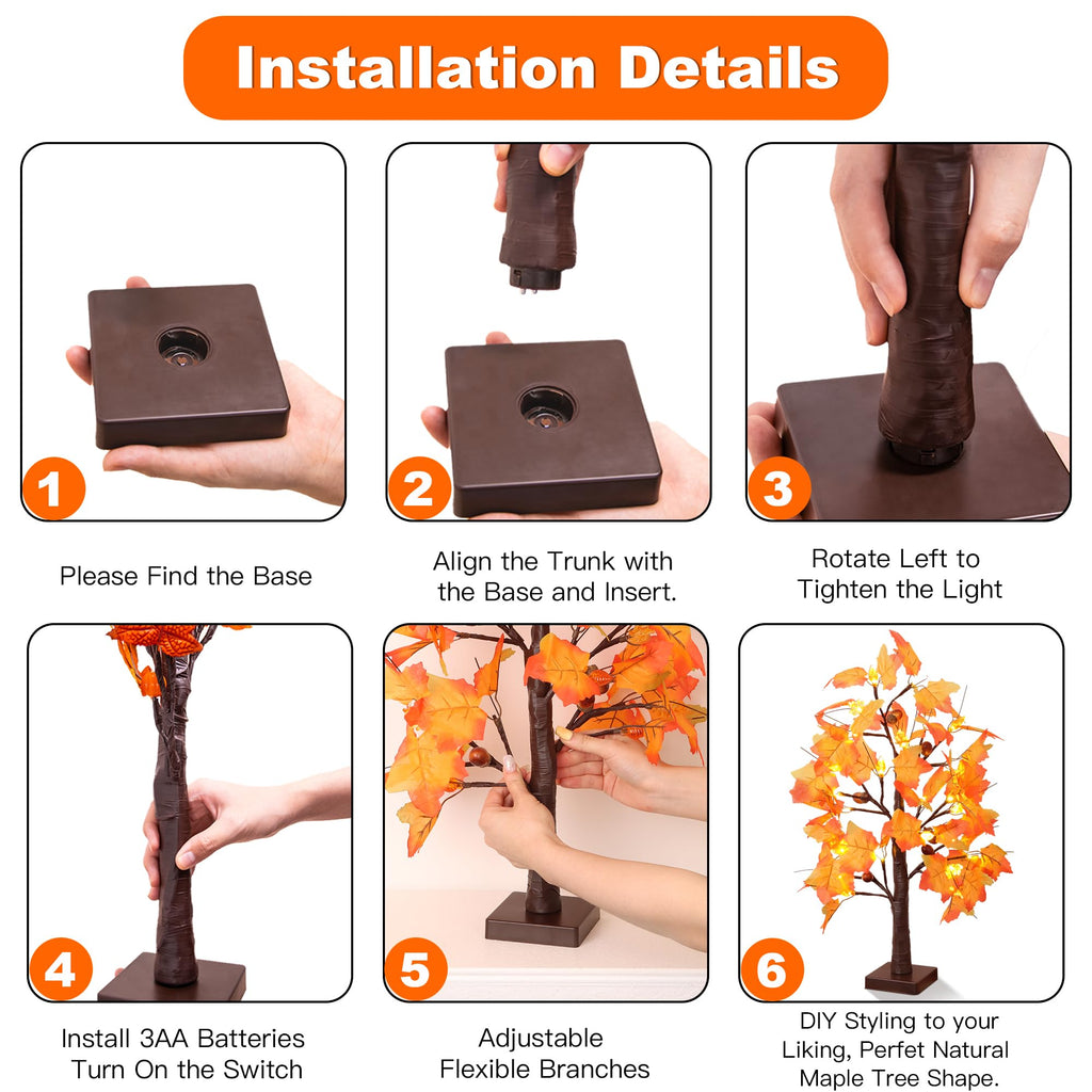 2 Packs 24 Inch Lighted Maple Tree Fall Thanksgiving Decorations with 48 LEDs Timer Battery Operated 3D Acorn Maple