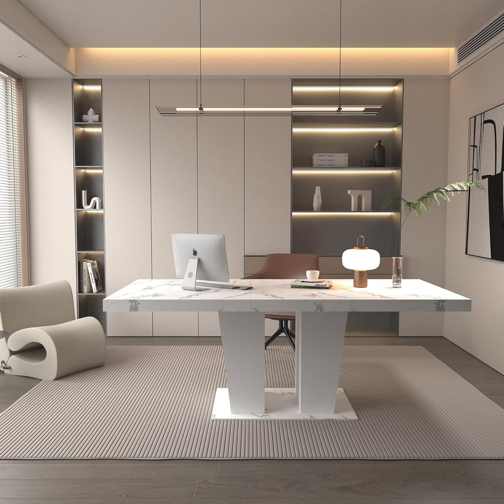 Extendable Dining Room Table for 6-10 Person, Modern Large Rectangular Kitchen Tables w/Dual Column Pedestal Base for Kitchen Living Room, White Marble