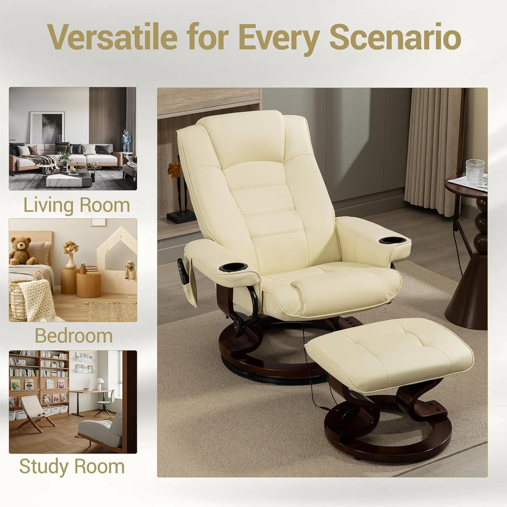 Modern Reclining Lounge Chair and Ottoman — Beige PU Leather