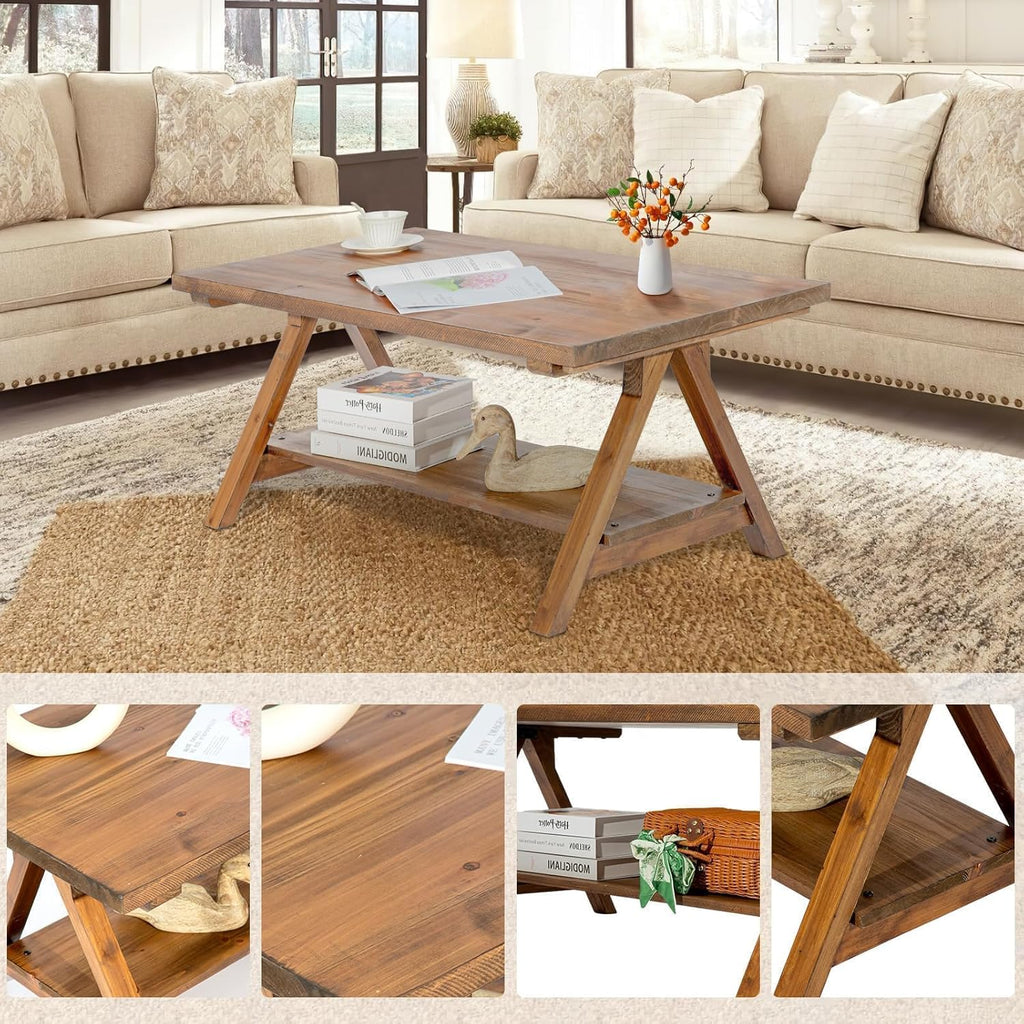 Farmhouse Coffee Table, 2-Tier Solid Wood Coffee Table, Rustic Rectangular with Storage Open Shelf, Natural