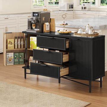 Kitchen Buffet Cabinet with Dual Door Shelves & 3 Drawers, Fluted Sideboard | Large Credenza Storage Cabinets Wood