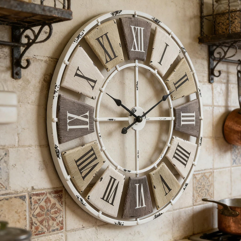 32" Distressed Metal Wall Clock, Roman Numeral Farmhouse Decor