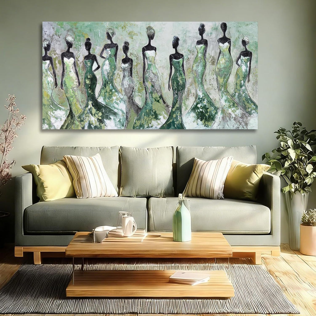 Green Abstract Figure Wall Art, Black Modern Horizontal Canvas Print, Aesthetic Fashion Artwork