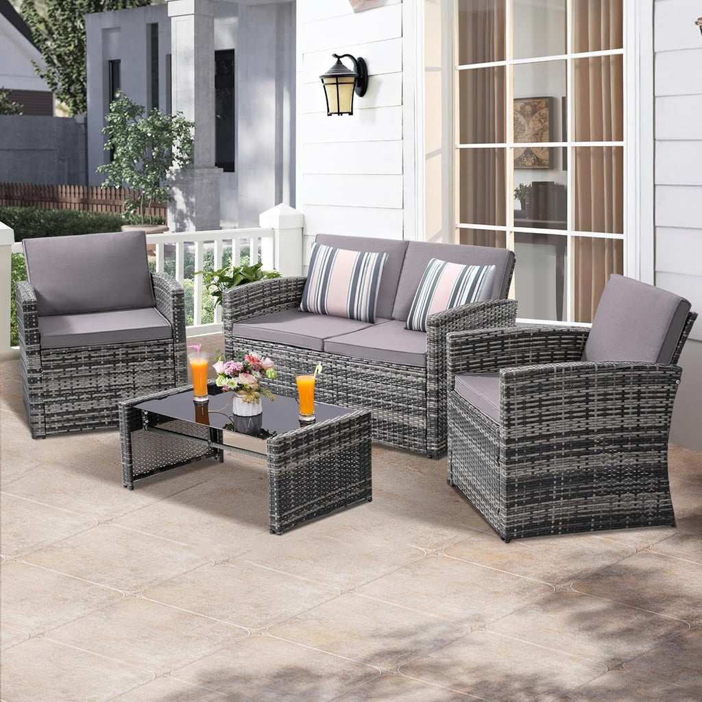 4 Piece Patio Furniture Set, Outdoor Wicker Conversation Set | Washable Cushions, 2 Armchairs + Loveseat Sofa +