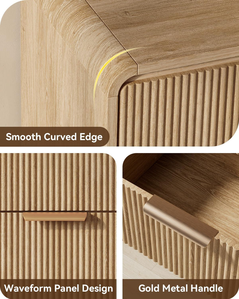 Fluted 6 Drawer Dresser, 47" Wide Wooden Storage Chest with Rounded Curved Corners and Gold Handles, Natural Oak Wood