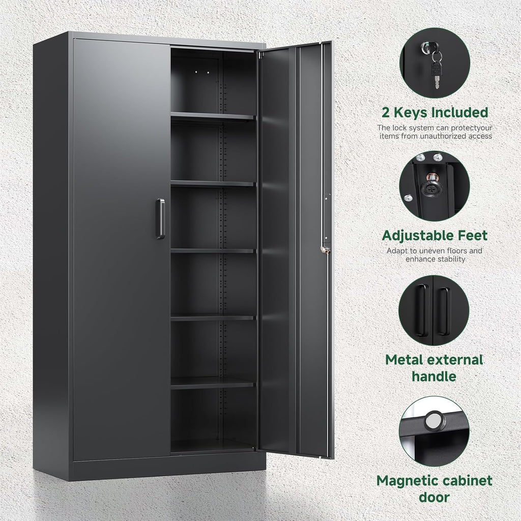 Metal Garage Storage Cabinets with Lock-72 Tall Tool Organizer Steel Lockers, 5 Adjustable Layers Shelves