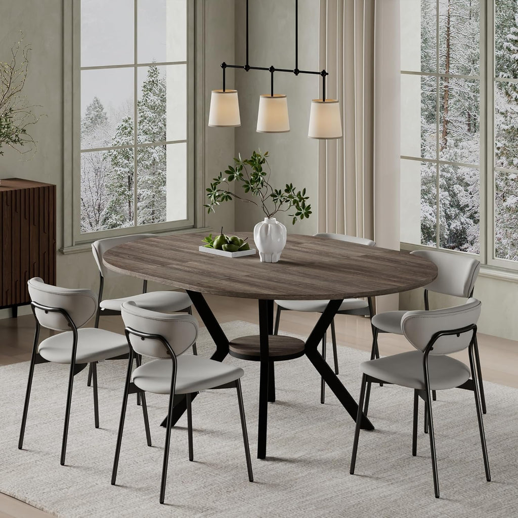 42"-58" Extendable Round Dining Table for 4-6, Kitchen Oval Table with Hidden Leaves & Storage Shelf, Space Saving