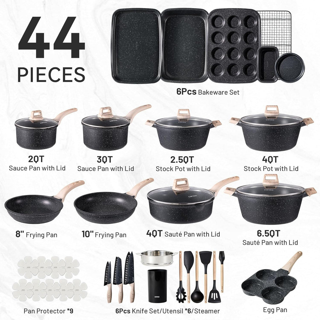 44pcs Nonstick Cookware Sets, Pots and Pans Set with Bakeware | Kitchen Knife Set Included, Lightweight Die-Cast