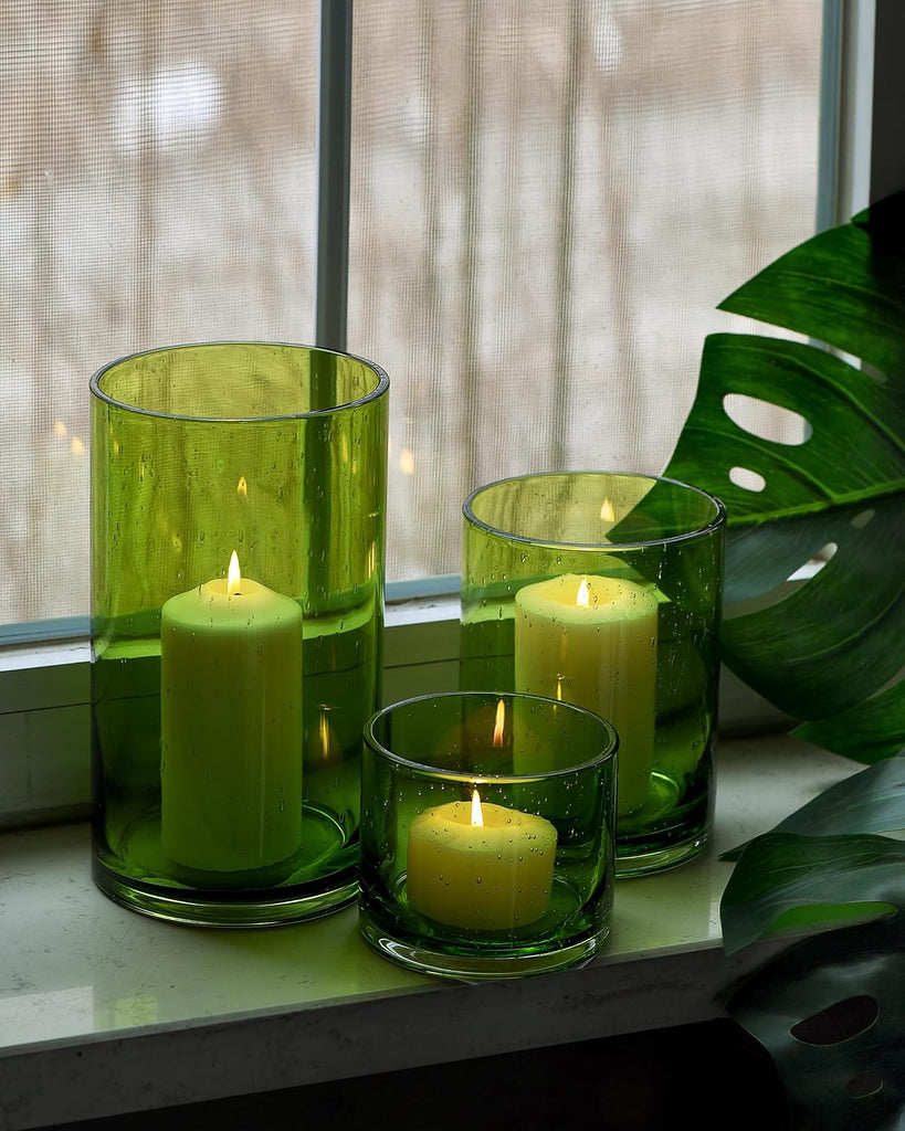 Hurricane Candle Holders Set of 3, Spring Green Glass | Seeded Bubbles, Pillar Candle Holders, Cylinder Vase