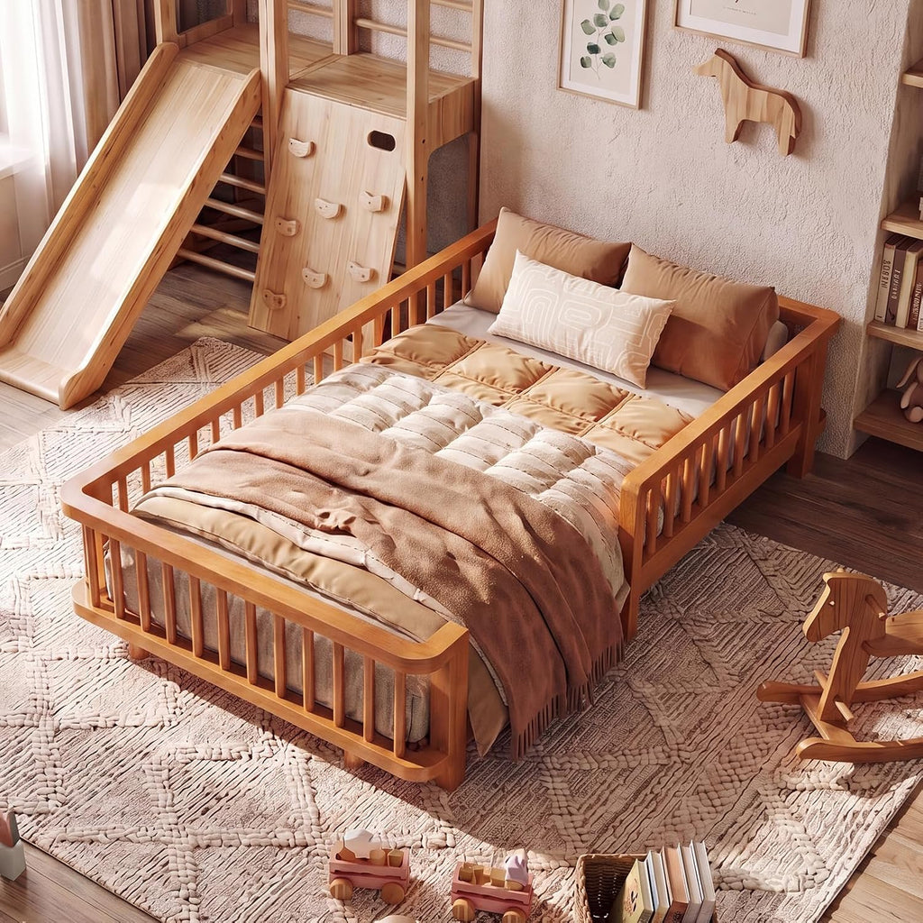 Full Bed Frames for Kids, Solid Wood Montessori Toddler Floor Bed Frame | Smooth Curved Corners & Full Length Safety