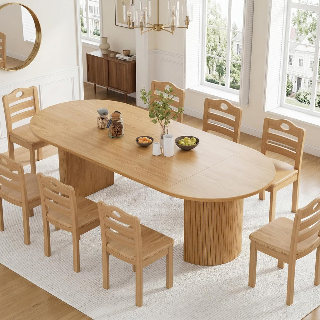43-95 Inch Oval Extendable Dining Table for 4-10, Fluted Space Saving Long Round Kitchen Table with 3 Leaf, 2