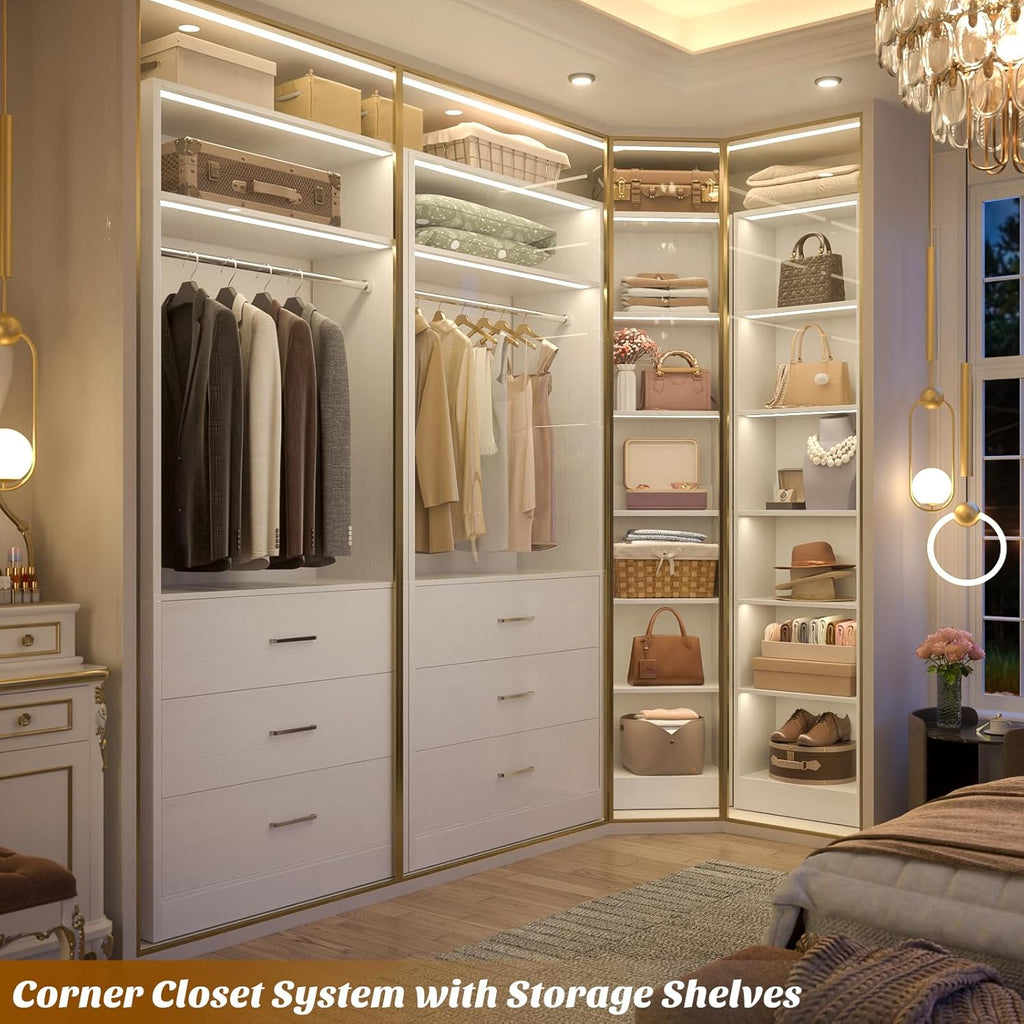 Closet System with 6 Drawers & 10 Shelves, Corner Closet Organizer System, Reversible Walk-in Closets, (L-Shaped