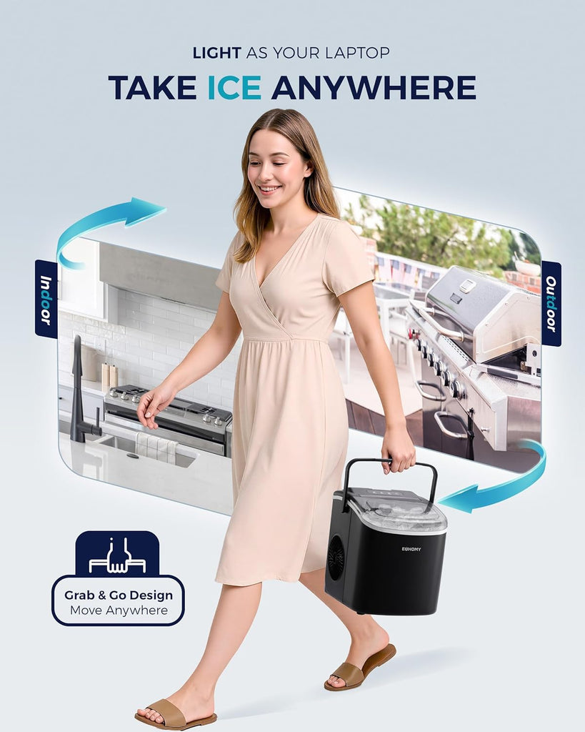 Countertop Ice Maker Machine with Handle, 26.5lbs Per Day, 9 Ice Cubes Ready in 6 Mins, Auto-Cleaning Portable Ice