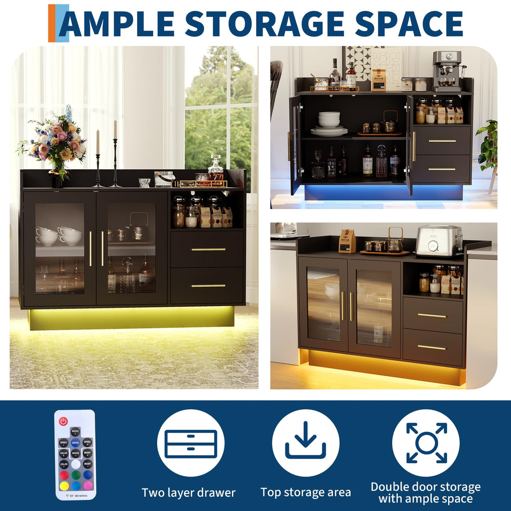 Wine Cabinet - 47.24'' Coffee Bar Station with LED Lights, High-Load-Bearing Capacity Liquor Cabinet with