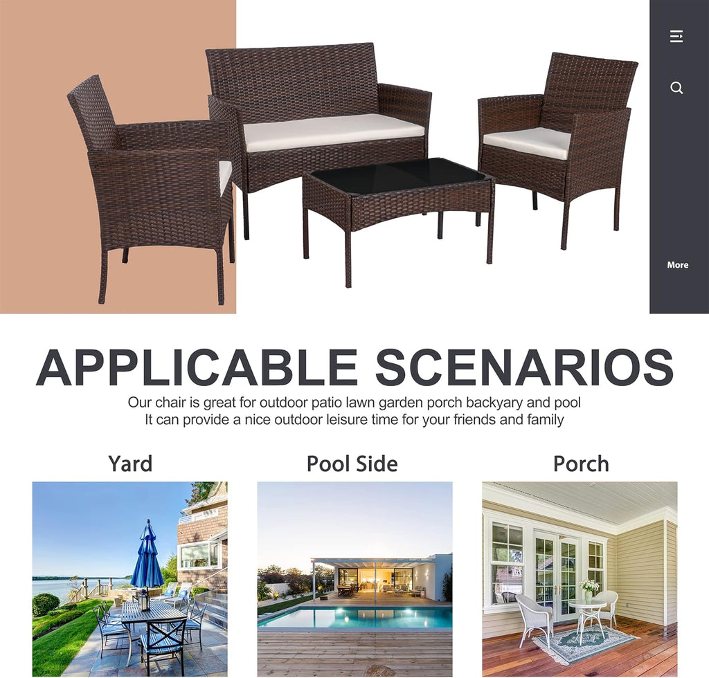 4 Piece Outdoor Patio Furniture Set, Wicker Rattan Patio Conversation Set
