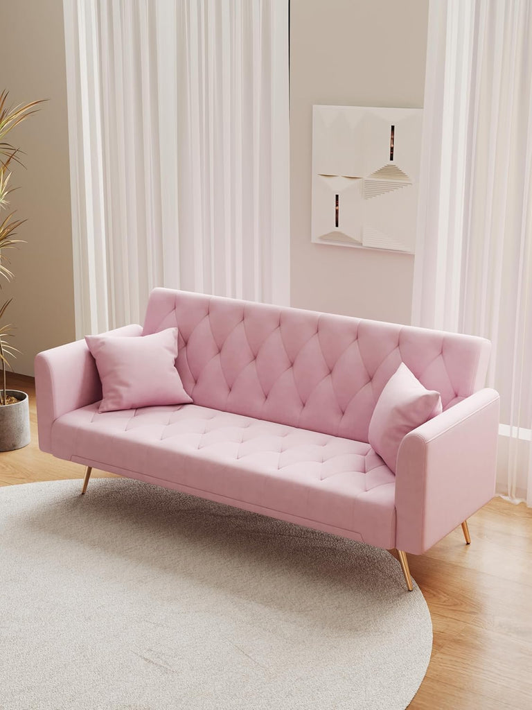 71 INCH Loveseat Sofa with Adjustable Backrest, Upholstered 2 Seater Velvet Couch Bedroom Office Apartment, Pink