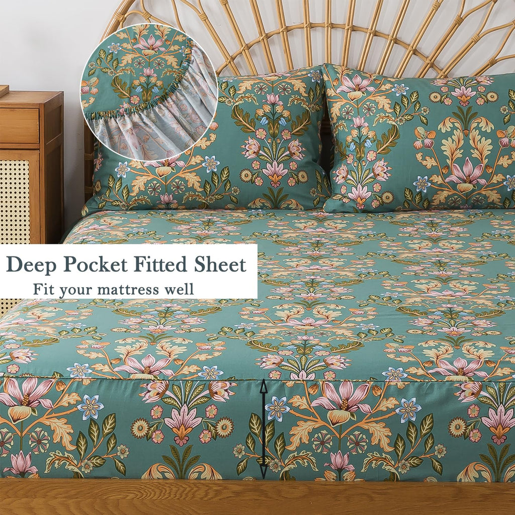 Full Sheet Set, Floral Sheets 4-Piece 100% Percale Cotton Bed Sheets Deep Pocket Fitted Sheet, Boho Vintage Teal Blue