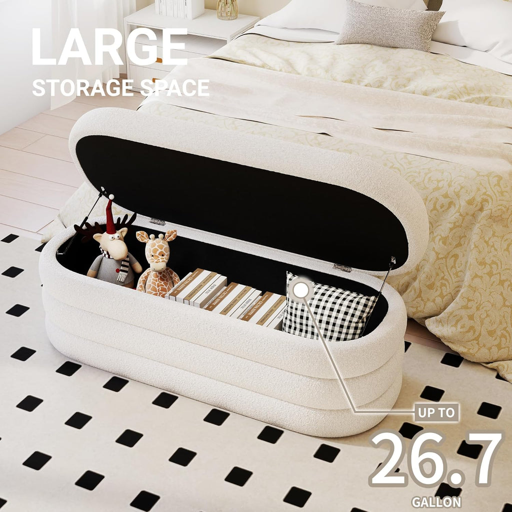 Storage Ottoman Bench 49.2 Inch Upholstered Fabric Storage Bench End of Bed Aesthetic Large Oval Ottoman Entryway