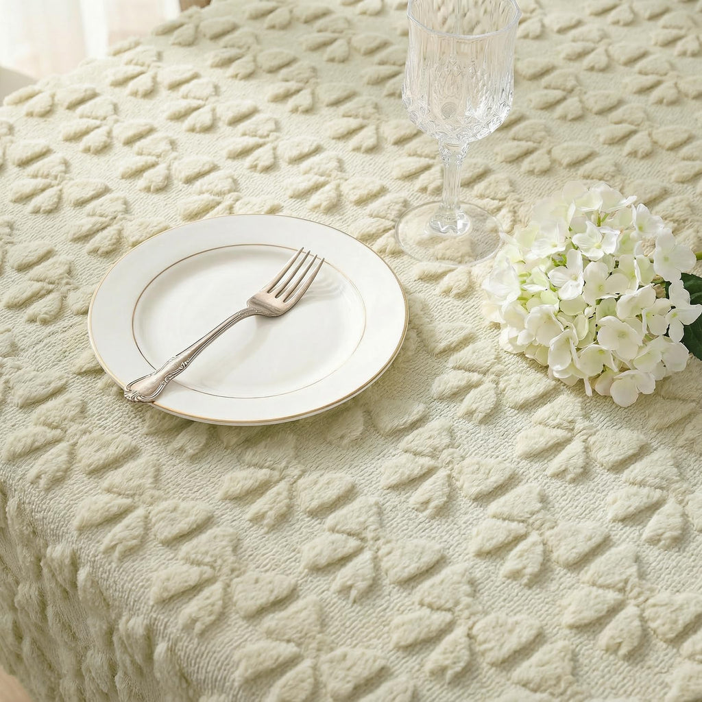 Bow Tablecloth 60×84 Inch Rectangular, Beige Soft Plush Faux Fur Jacquard Bow Table Cover, Seasonal 