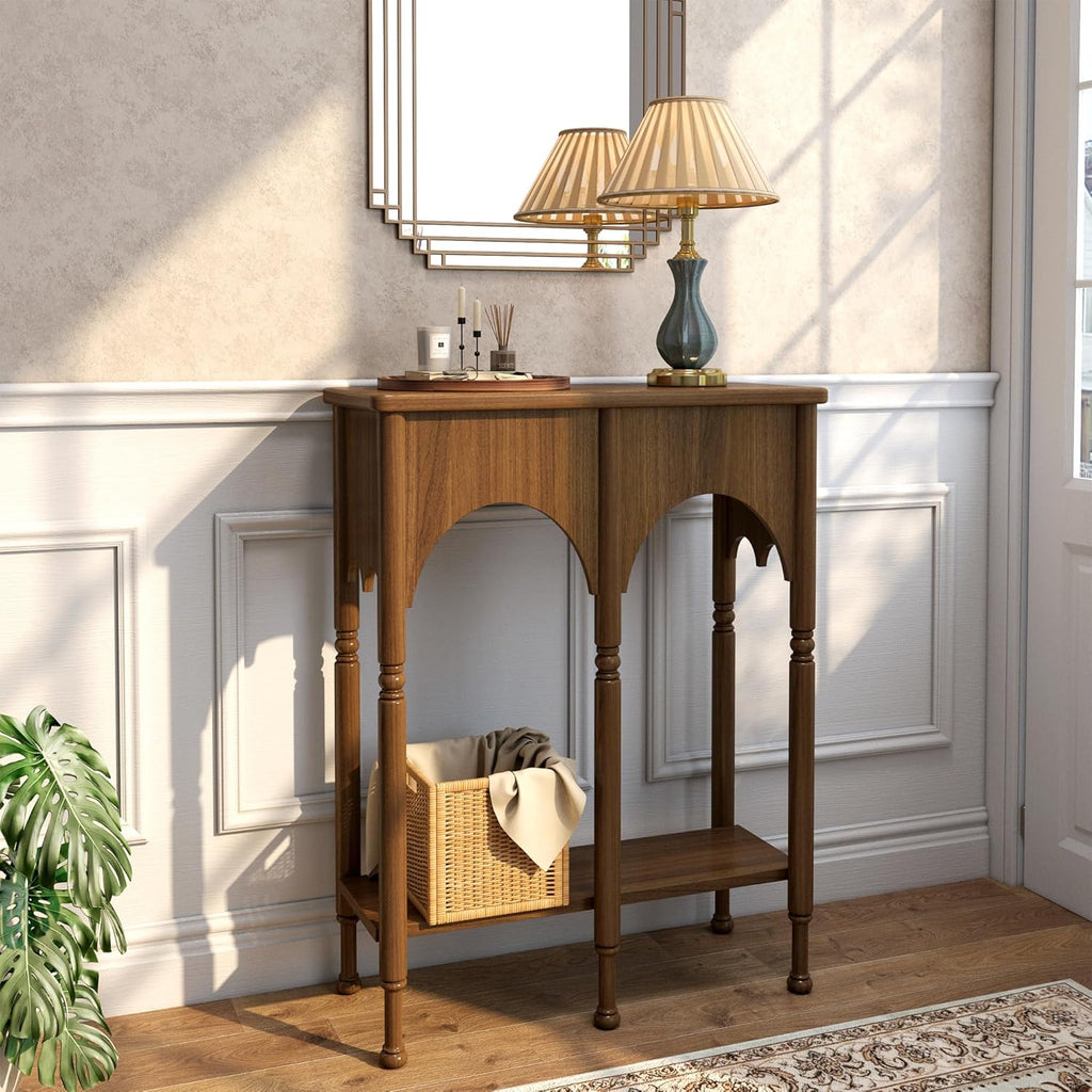 Console Table with Storage Shelf, 28" Retro 2-Tier Entryway Table, Wooden Sofa Table with Roman-Style Legs , Brown