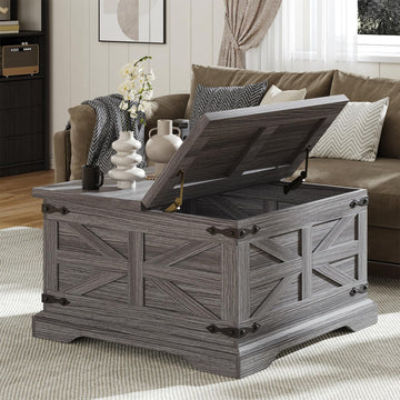 Farmhouse Coffee Table with Storage, Square Center Table, Rustic, Hinged Lift Top Soft Close, Wood