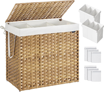 Laundry Hamper with Lid, 160 L Wicker Laundry Basket | 6 Mesh Bags, 2 Removable Liner Bags, 26 x 15.7 x 24 Inches