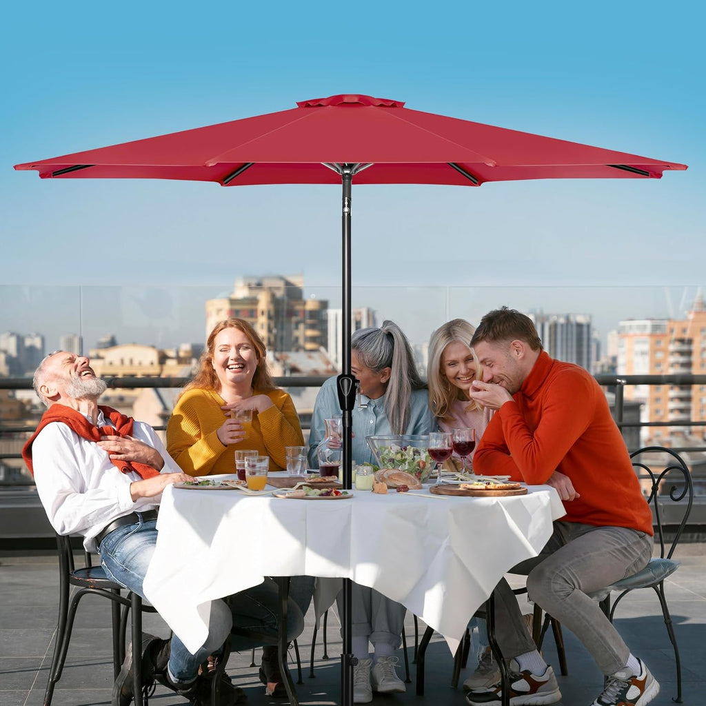 9FT Outdoor Patio Umbrella Table Market Umbrella with Push Button Tilt and Crank, 8 Sturdy Ribs - Ft-red