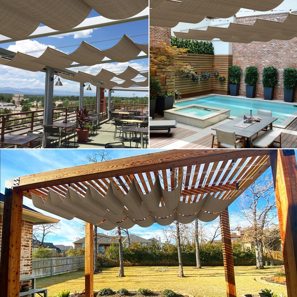 7'Wx16'L Pergola Shade Cover Retractable Shade Awning Slide Flexible Canopy Deck Porch Hang Down U Shape Wave Shade