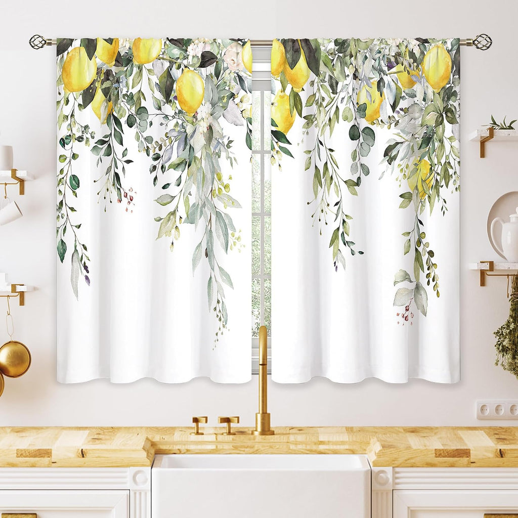 Eucalyptus Botanical Leaves Floral Kitchen Window Curtains Over Sink Boho Farmhouse Flower Leaf Small Window
