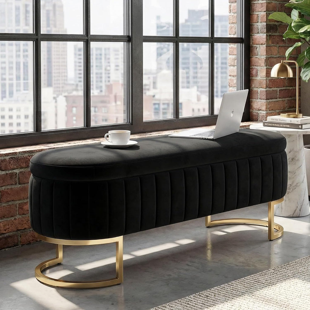 51" Velvet Storage Ottoman Bench End of Bed Entryway Black