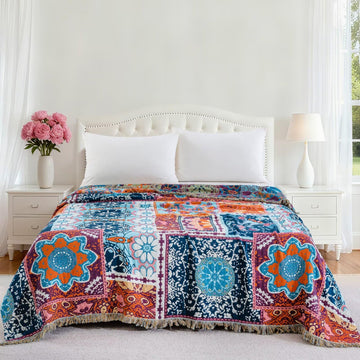 100% Cotton Muslin Floral Bed Throw Blanket, Lightweight Muslin Quilt, Boho Farmhouse with Fringe, Blue Orange Pink