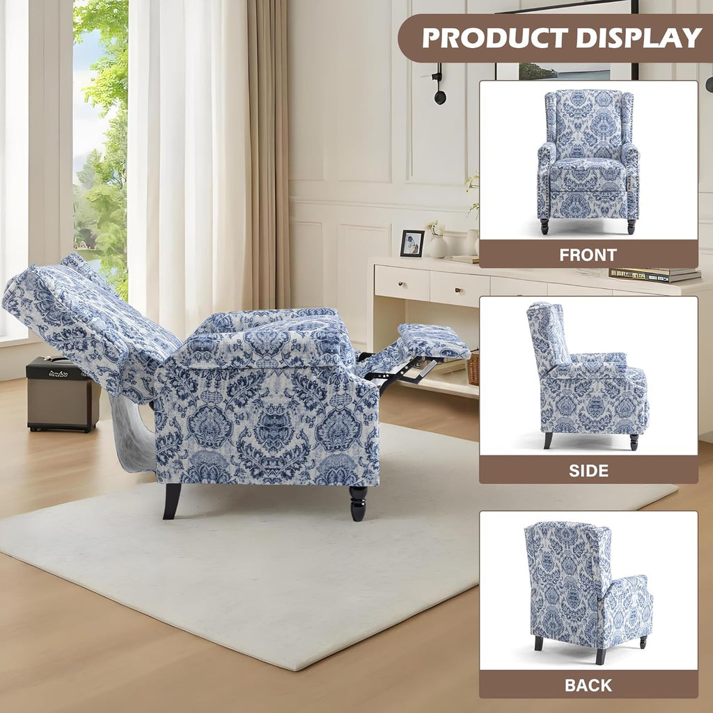 Pushback Floral Recliner Chair, Fabric Upholstered Armchair Push Back Accent Chair for Living Room
