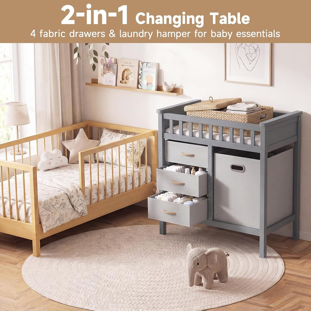Wooden Baby Changing Table with Comfy Changing Pad, 3 Fabric Drawers, Laundry Hamper, Safety Belt, Diaper Station