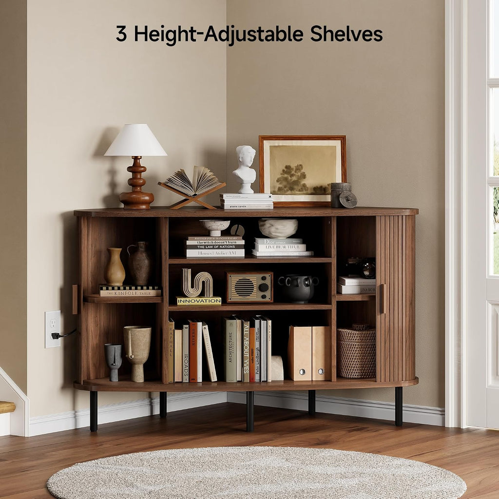 47" Corner TV Stand, Fluted TV Cabinet with Sliding Doors Fits up to 55 Inch TVs, Modern Corner Entertainment Center