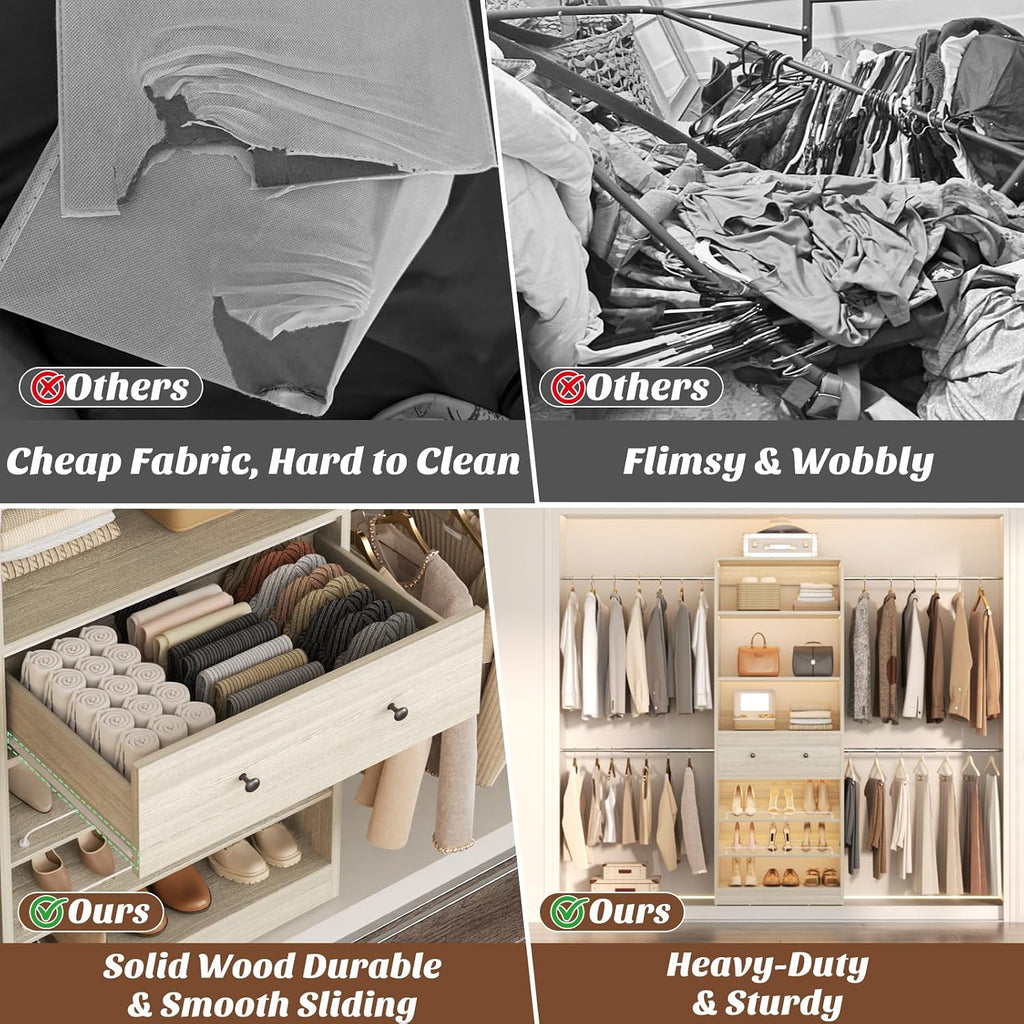 Wood Closet Organizer System - 4FT-9FT Expandable Wardrobe Closet with Drawer & 4 Hanging Rods, Heavy Duty Walk-in