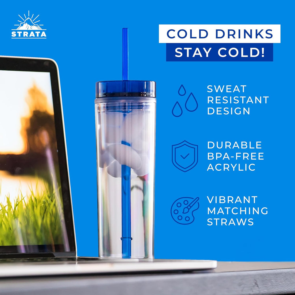 SKINNY TUMBLERS 4 Colored Acrylic Tumblers with Lids and Straws | Skinny, 16oz Double Wall Clear Plastic Tumblers