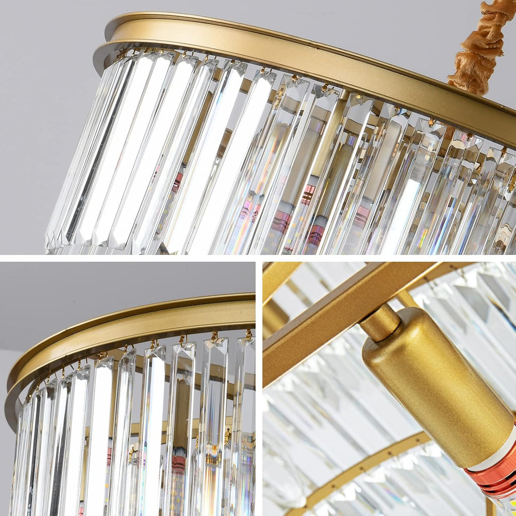 Gold Modern Crystal Chandelier, 2-Tier Round Flush Mount Ceiling Light Fixtures Height Adjustable Pendant Lighting