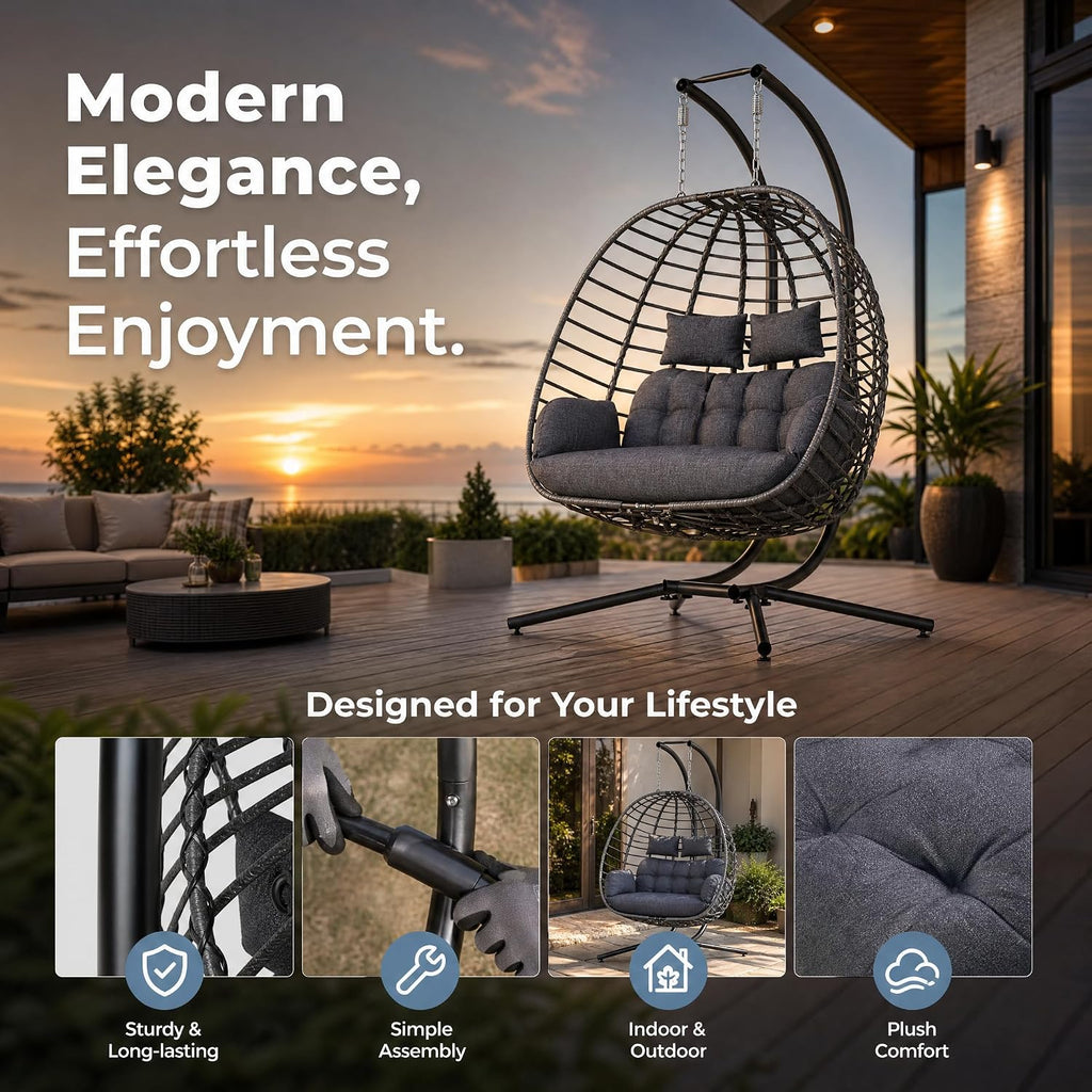 Double Egg Swing Chair 650lbs 2-Person w/Stand Dark Grey | 650lb cap, 52" cross base, shock-absorbing spring, 6