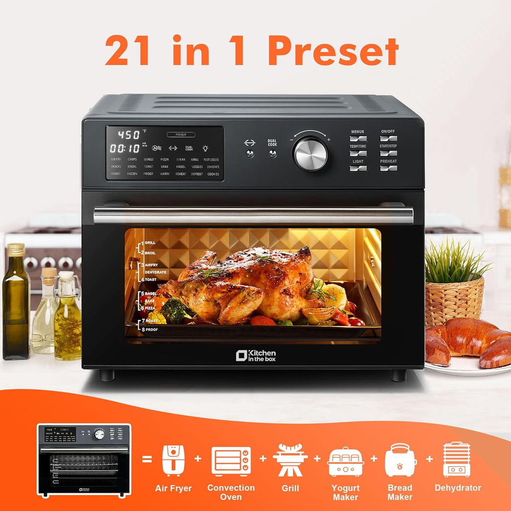 32QT Extra Large Air Fryer Toaster Oven Combo, 21-in-1 Countertop Convection Toaster Oven with Rotisserie and Dehydrate, 6 Accessories, 1800W Dual Cook Preset (Black)