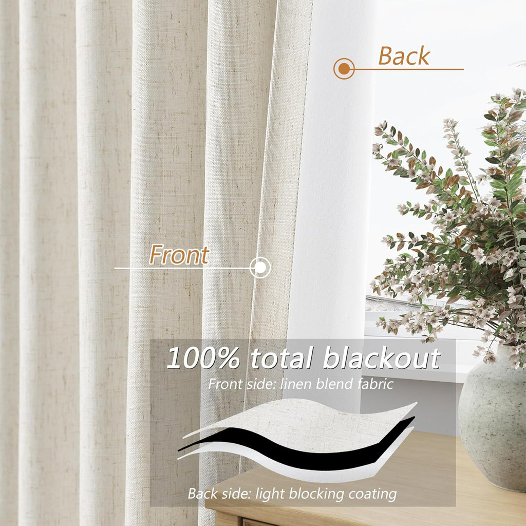 Cream 100% Blackout Linen Curtains Ceiling to Floor 2 Panels for Living Room Bedroom Back Tab