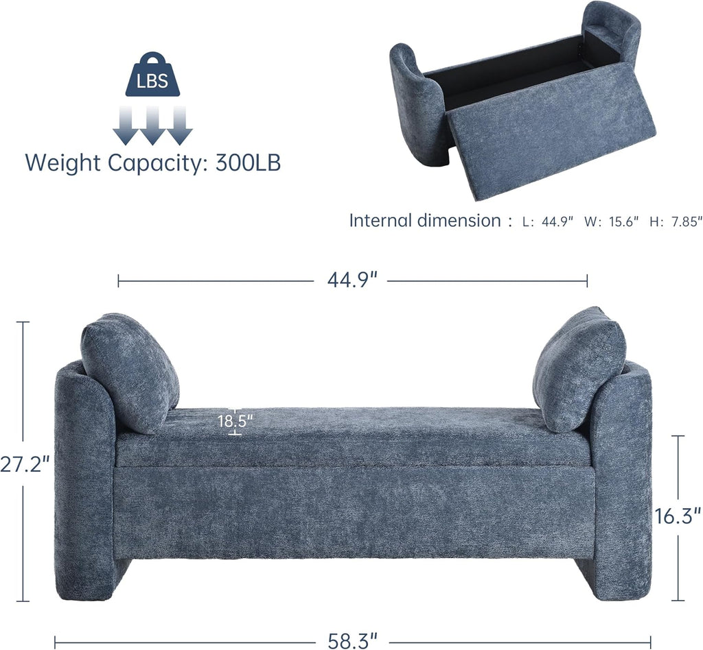 58.3" Upholstered Storage Ottoman Bench with 2 Throw Pillows, Beige | End of Bed Bench with Curved Arms and Thickened