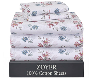 100% Cotton Split King Sheets, Percale Sheet Set, Flora Rhapsody